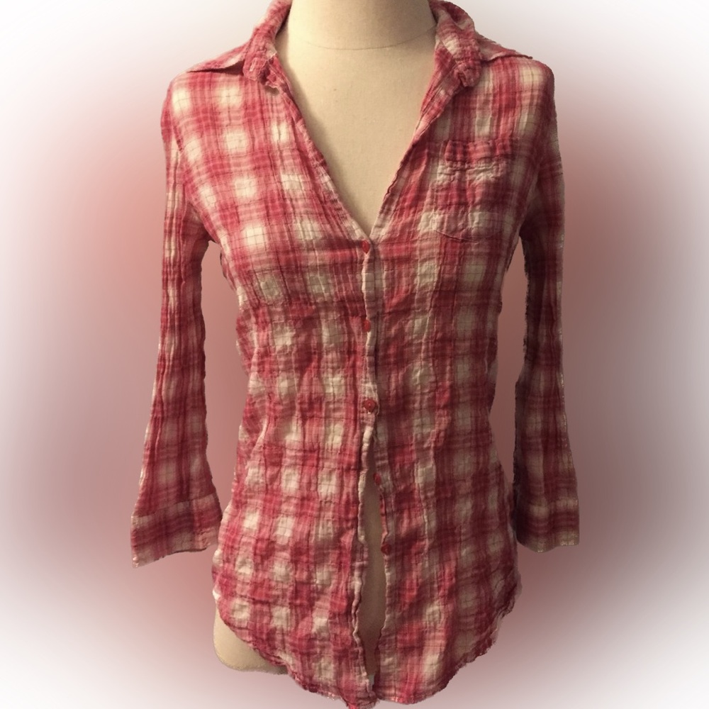 Anthropologie FEI Pink & White Plaid Button Down Top